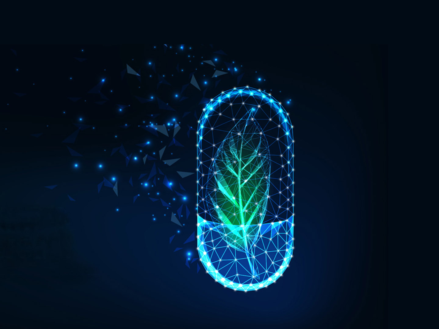 Futuristic illustration of a medication capsule and a leaf. 