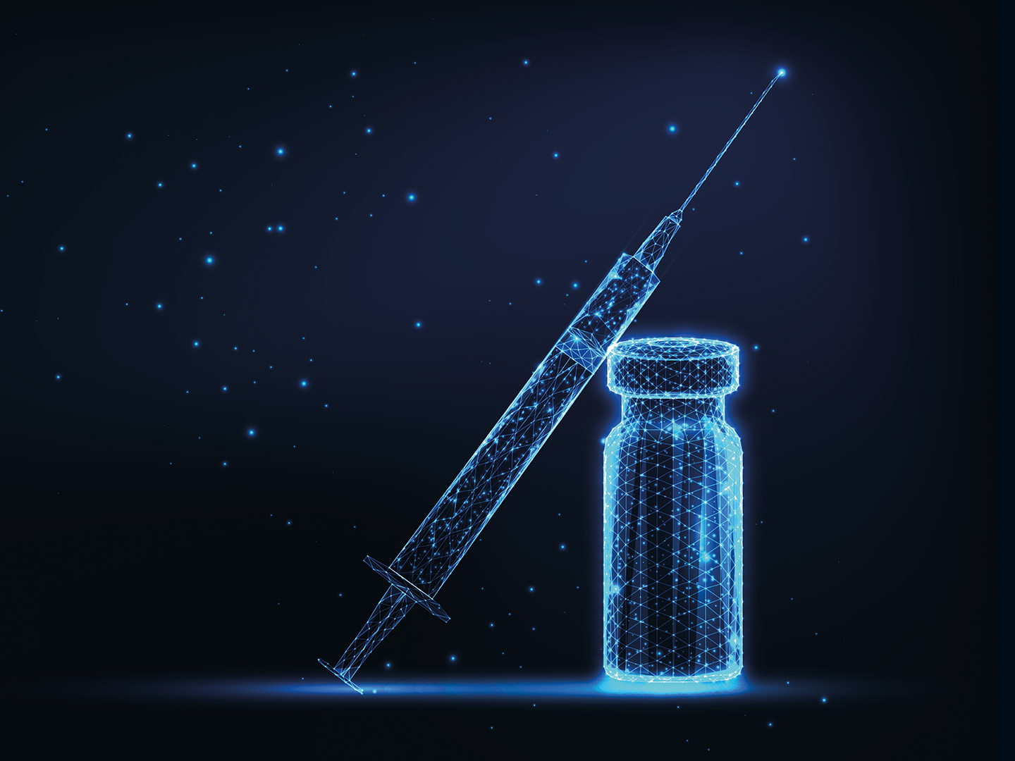 Futuristic illustration of a syringe and a vial.